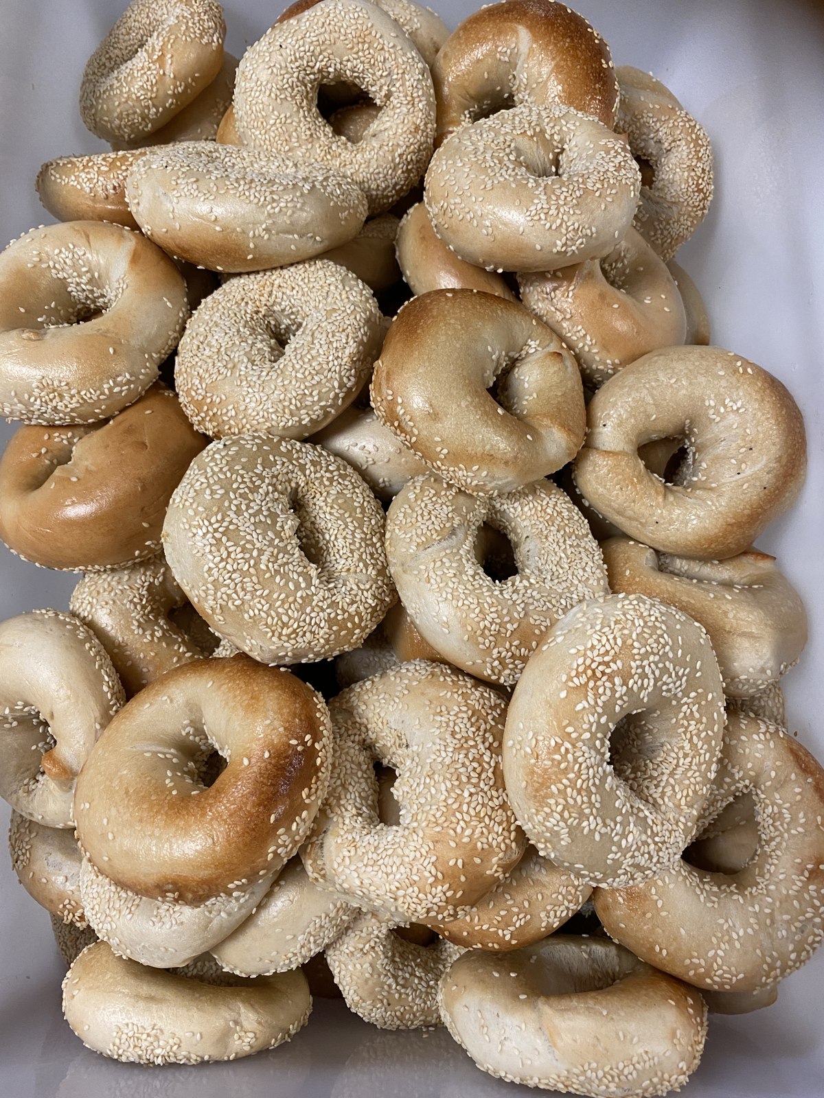 A fresh batch of golden Little City Bagels covered with sesame seeds